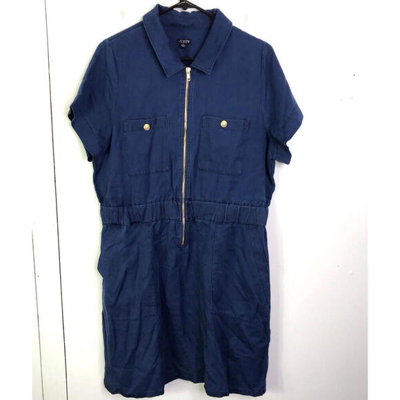 J Crew Dress Womens 14 Zip Front Navy Chambray Denim Short Sleeve Pullover - Picture 1 of 9